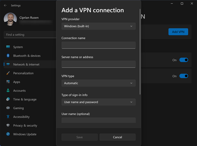 Nhập chi tiết kết nối VPN