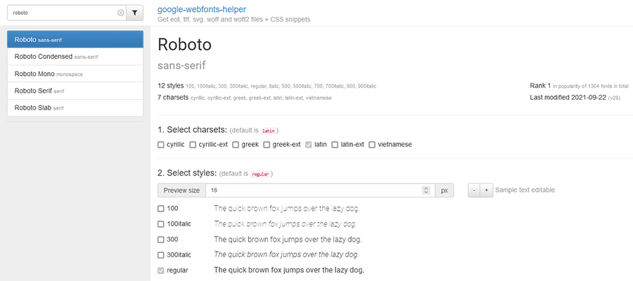 Họ phông chữ Roboto tại trình trợ giúp Google webfonts.