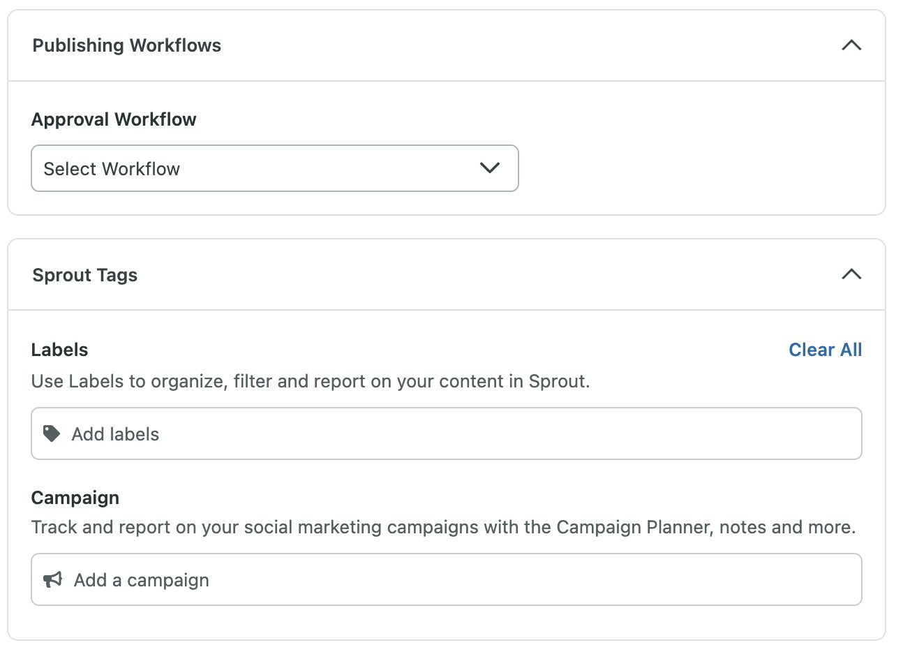 Several dropdown menus in the new post window of Sprout where you can select an Approval Workflow and tags and a campaign for your content