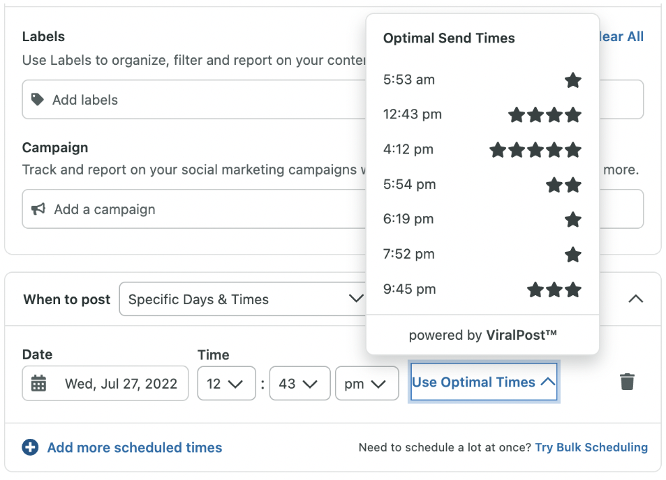 A screenshot of the optimal send times where Sprout identifies the best posting times for your content to get in front of the largest audience
