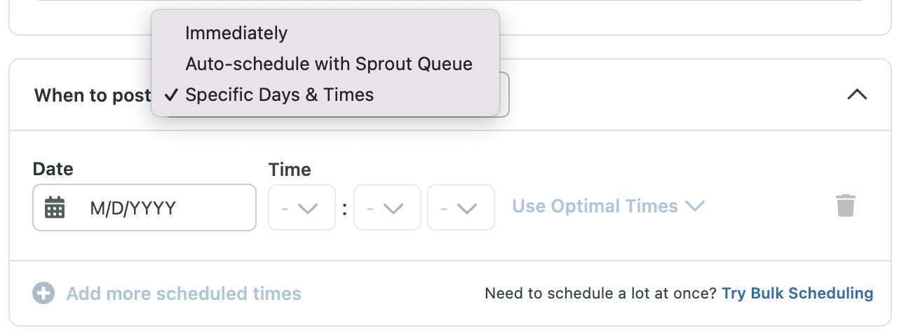 Screenshot of scheduling options in Sprout including picking a time and date, scheduling in the queue and publishing immediately