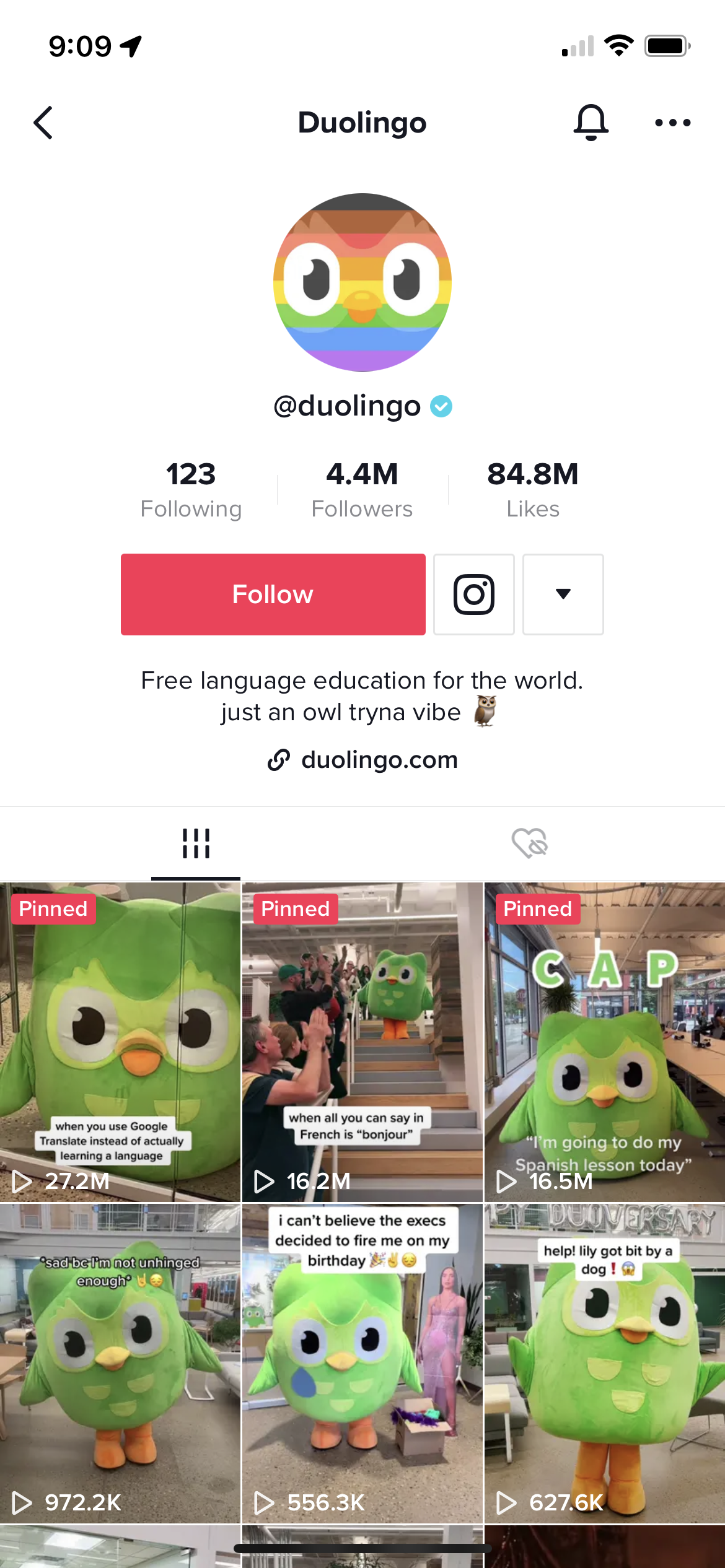 Ảnh chụp màn hình tài khoản TikTok đã được xác minh của Duolingo