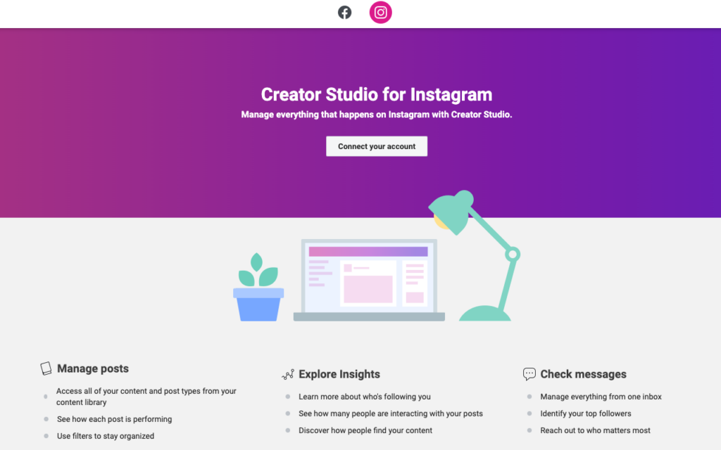 Bảng điều khiển trang chủ Instagram Creator Studio