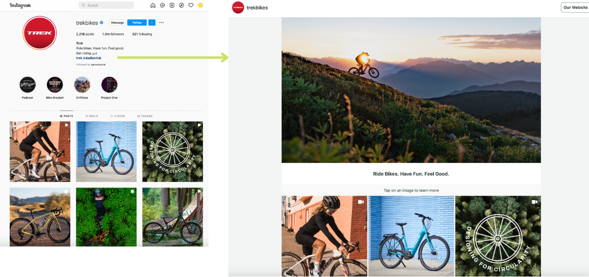 Nguồn cấp dữ liệu Instagram theo chủ đề xe đạp của Trek và SproutLink có thể mua được của họ có hình ảnh lớn của một người đi xe đạp trên núi và hình ảnh sản phẩm có thể mua được phản chiếu nguồn cấp dữ liệu Instagram của họ.