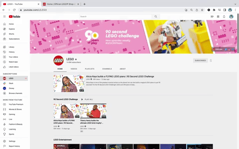A gif of Lego's YouTube demonstrating that their banner links lead visitors to their website and social channels.