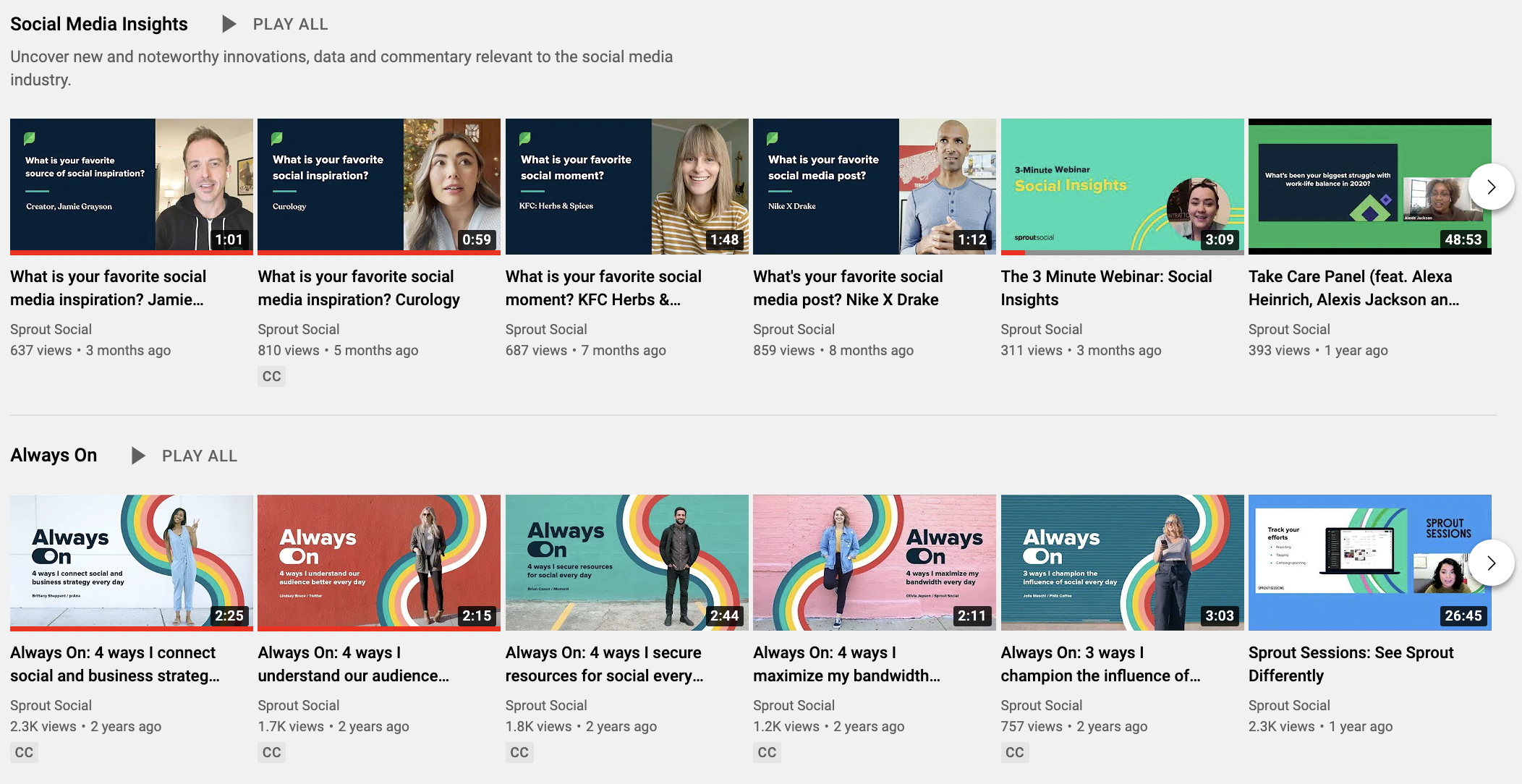 Two of Sprout's youtube playlists which contain videos that all have similar thumbnails that tie each series together in a visual way.