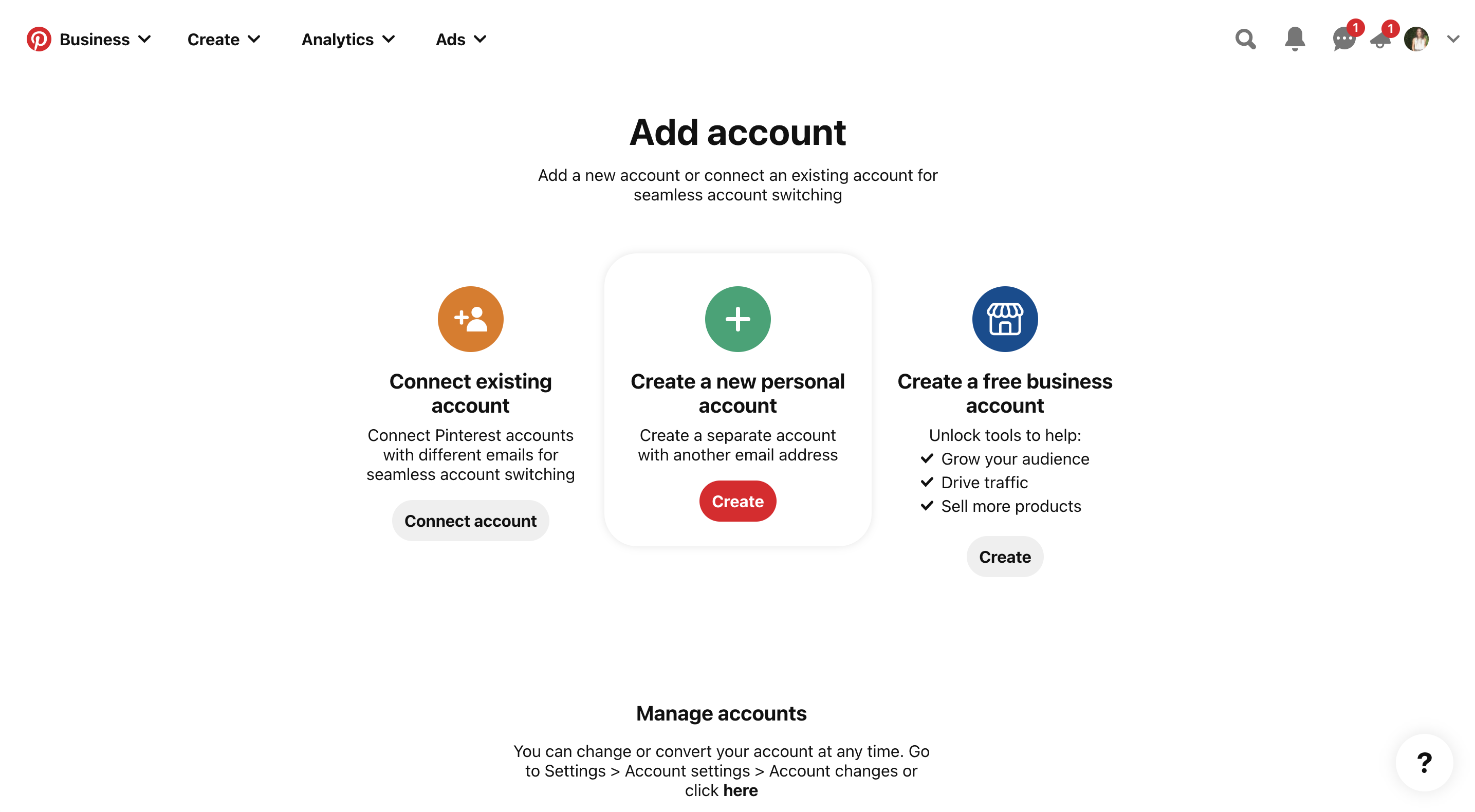 Screenshot of creating a linked account in Pinterest.