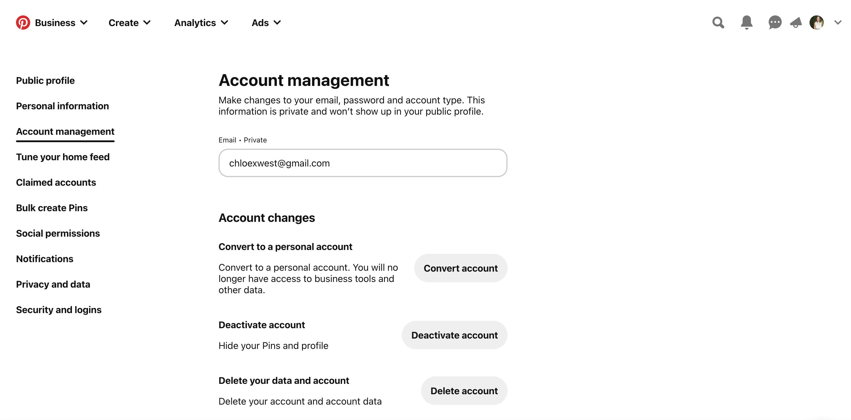 Screenshot of how to convert a Pinterest business account to a personal account.
