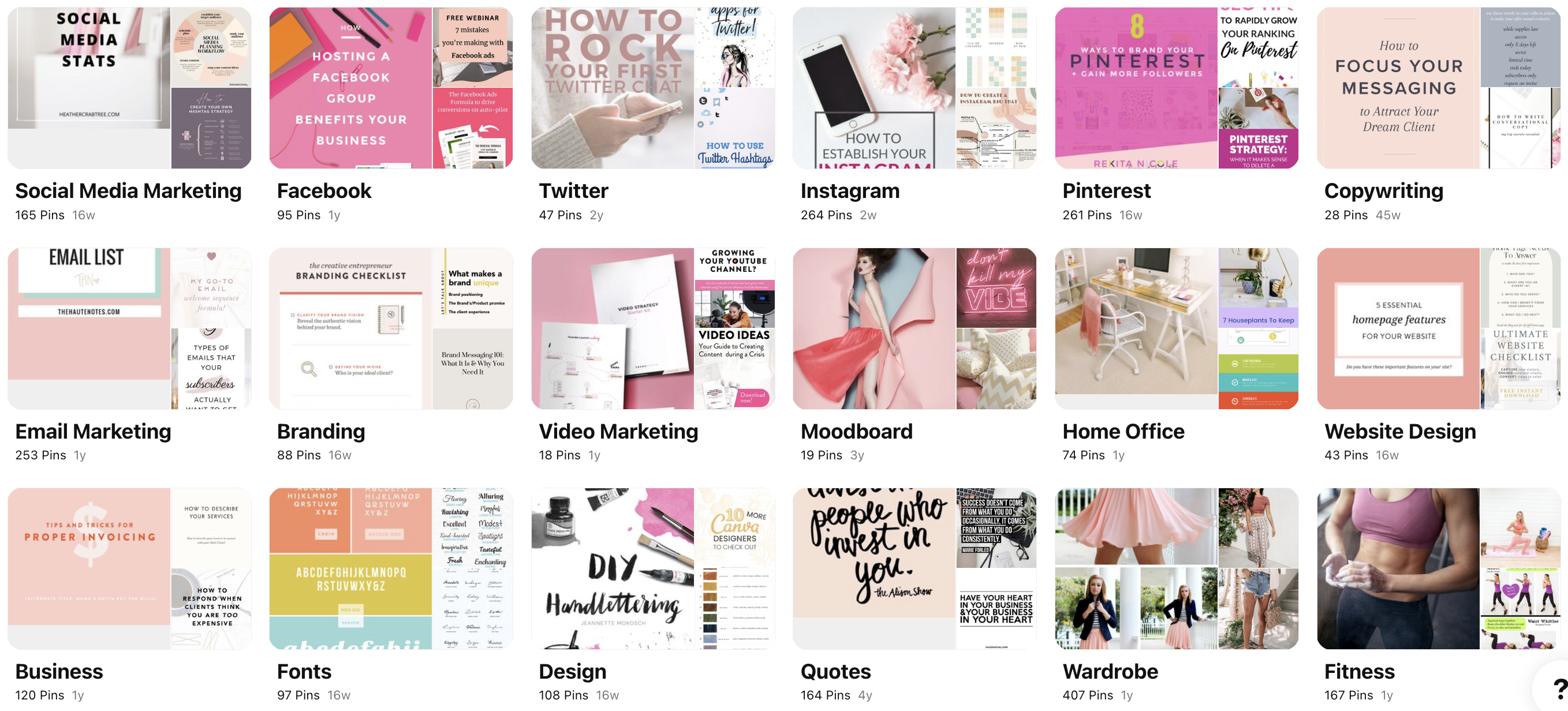 Screenshot of Pinterest boards examples.
