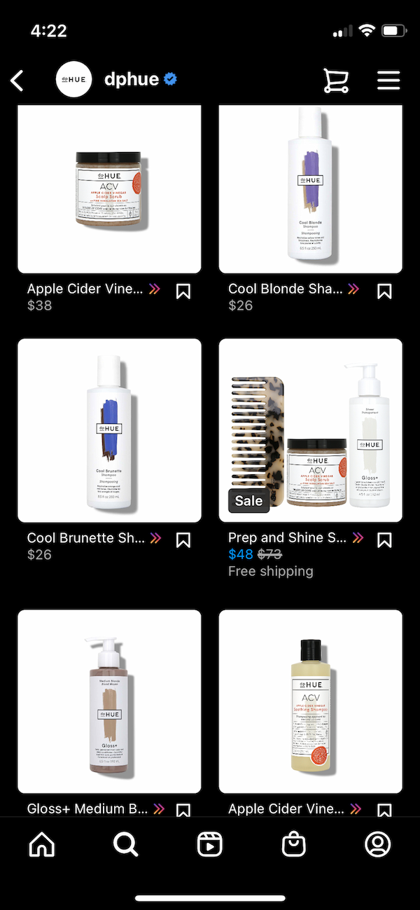 Ảnh chụp màn hình cửa hàng Instagram của dpHUE có nhiều sản phẩm chăm sóc tóc được bày bán