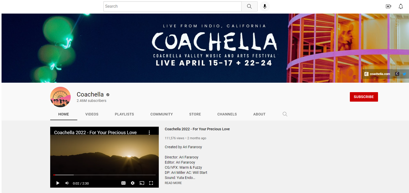 Screenshot of Coachella's YouTube channel, promoting its 2022 festival livestream