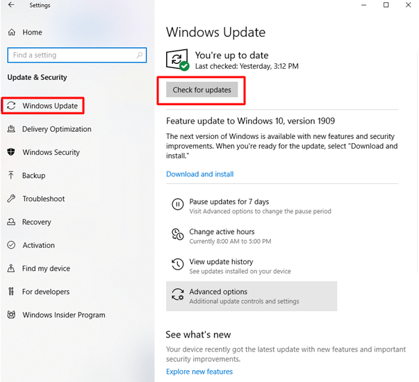 Click On Windows Update Option and Then Hit Check For Updates Option
