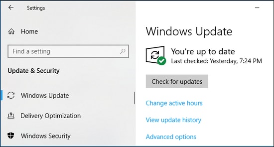 Check for Updates on windows settings