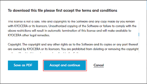 Kyocera - license agreement and select Accept and Continue