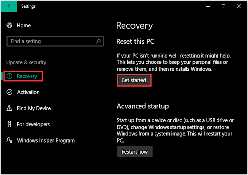 Select Recovery from the left panel and choose to Get Started