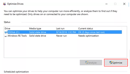 Select optimize option to optimize the disk