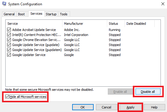 Hide all Microsoft services, click on Disable all