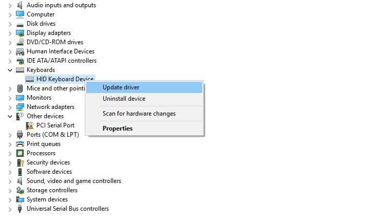 Right-Click On Update Driver Option